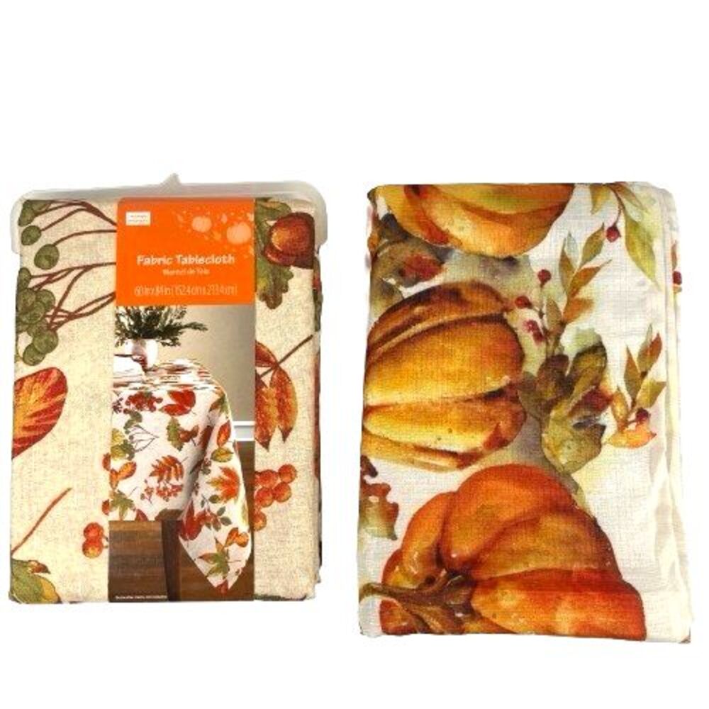 2 Mainstays Fabric Fall Thanksgiving Pumpkin Harvest Leaves Tablecloth 60" x 84"